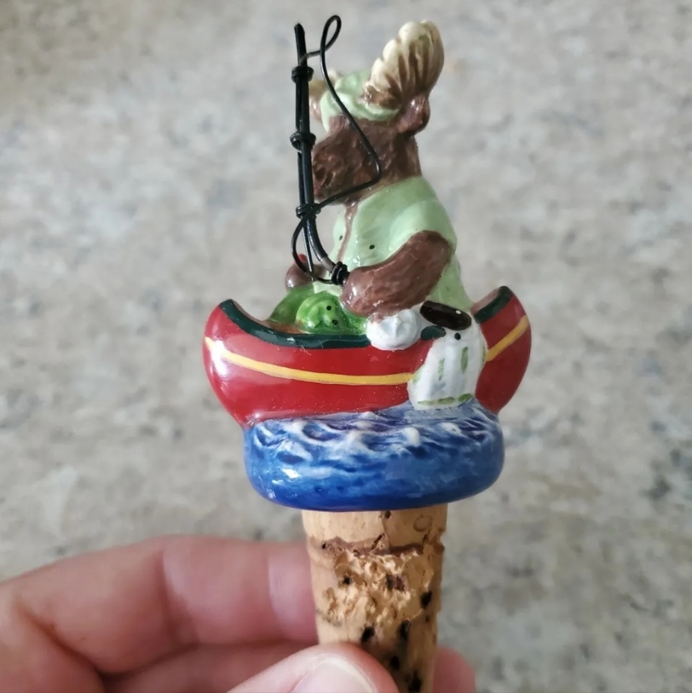 Ceramic fishing Moose wine stopper vintage. Alcohol cork hand painted